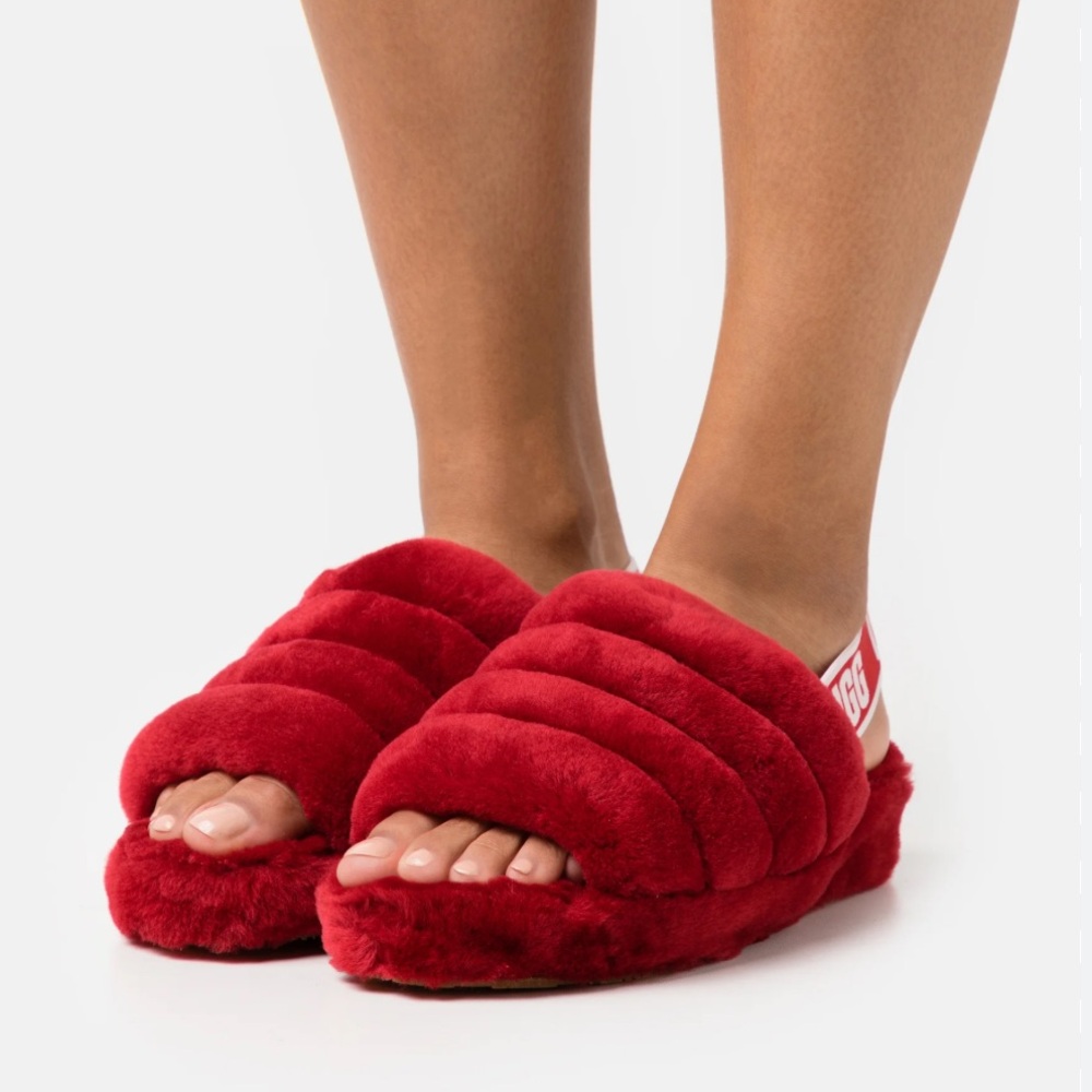 UGG Super Fluff Slide Ribbon Red Fur Slippers Womens Size 8